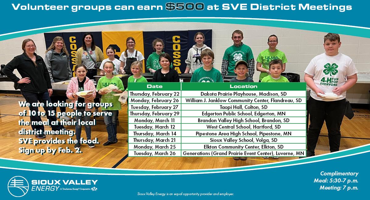 District Meeting Serving Groups poster shows 4-H group in background and chart of meeting dates