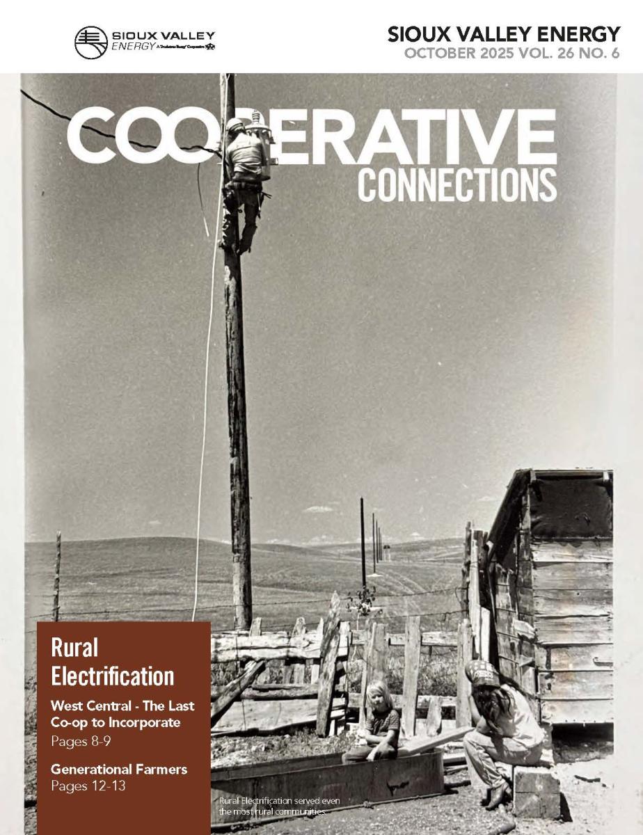 Magazine cover showing black and white image of line line worker climbing a power pole circa 1951