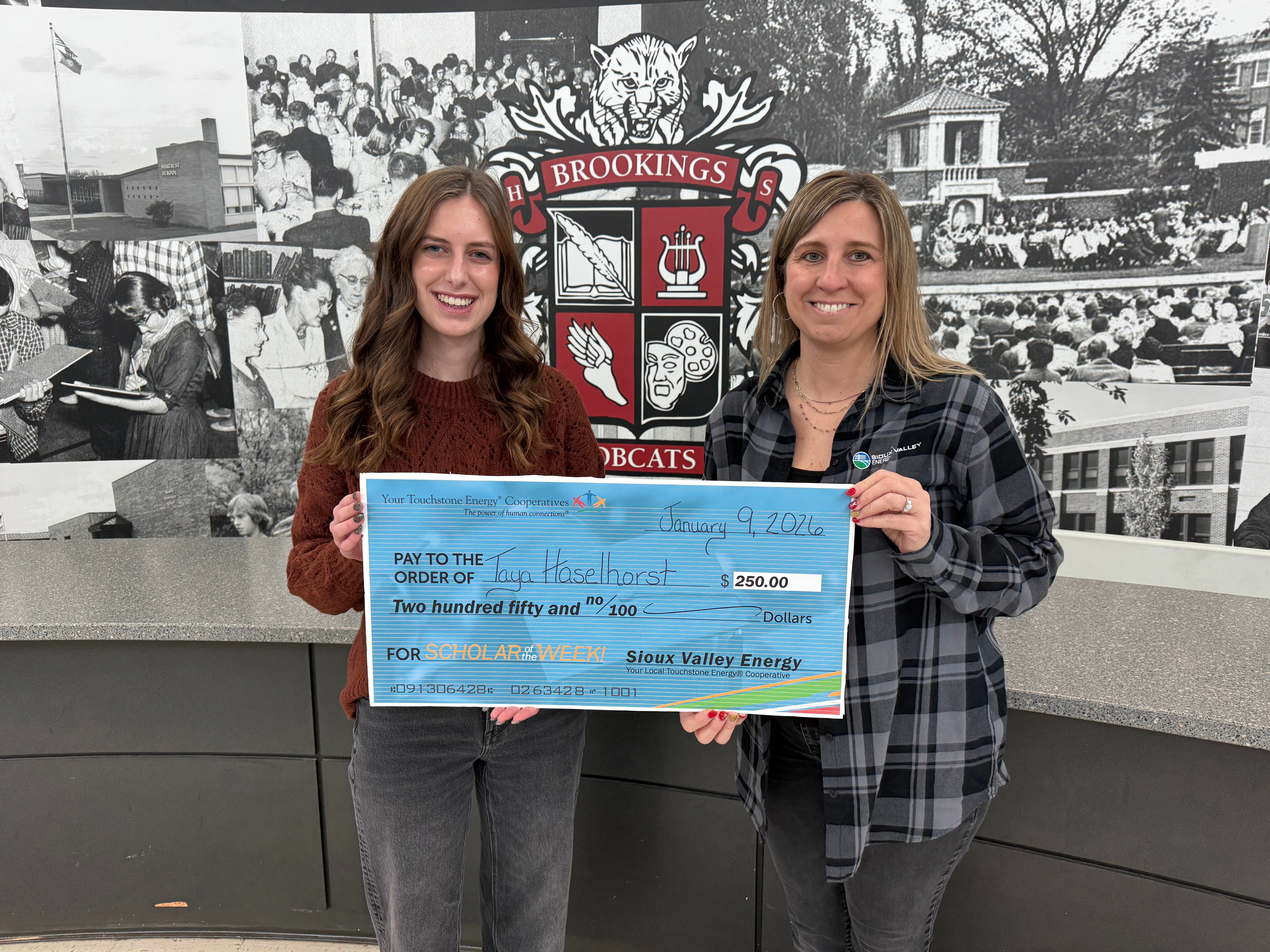 Brookings student Taya Haselhorst with Amy V Touchstone Scholar of the Week