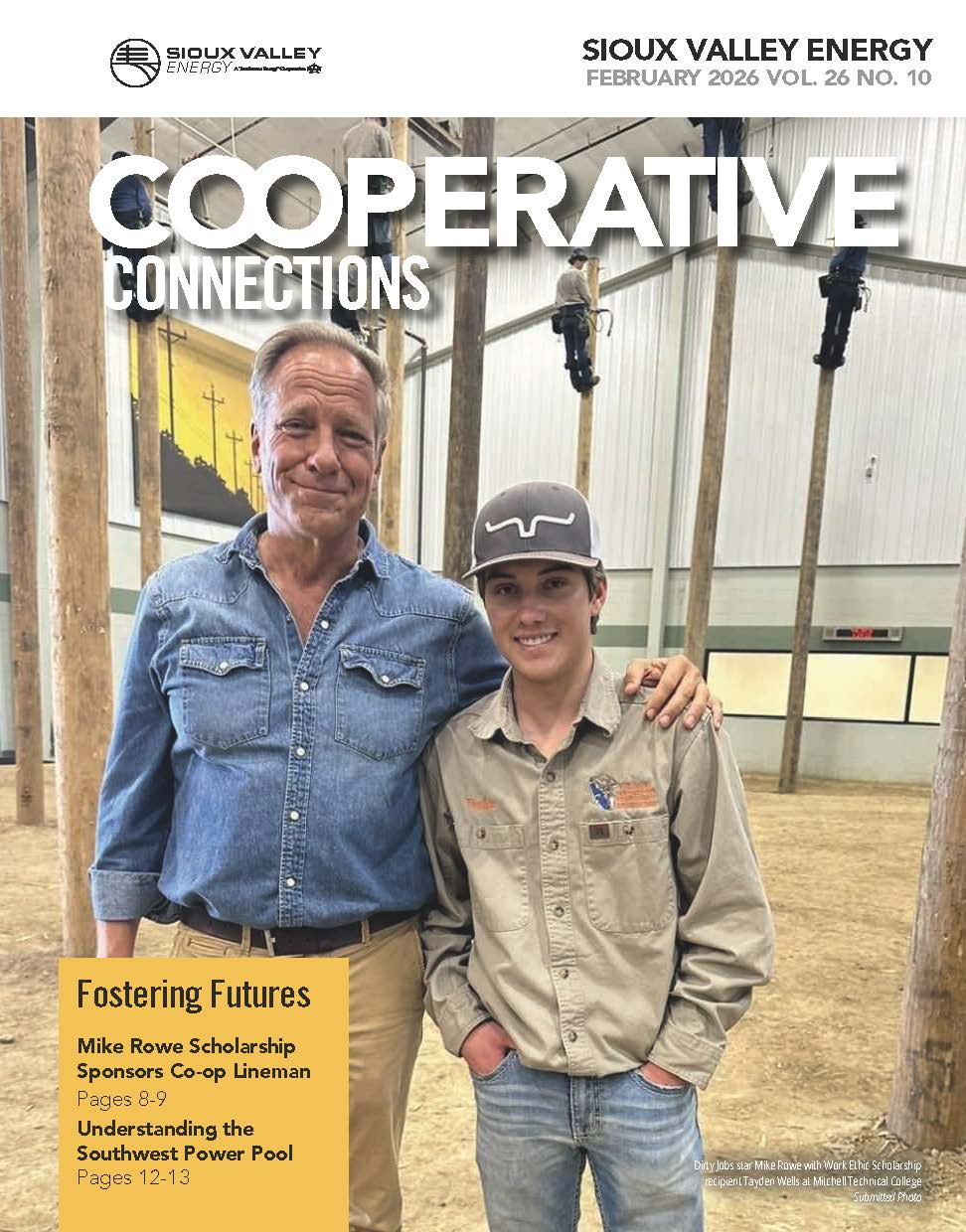 Magazine cover featuring two men in a lineworker training facility